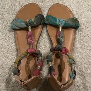 Cynthia Rowley Multicolor Braided T-Strap Sandals with Tan Footbed